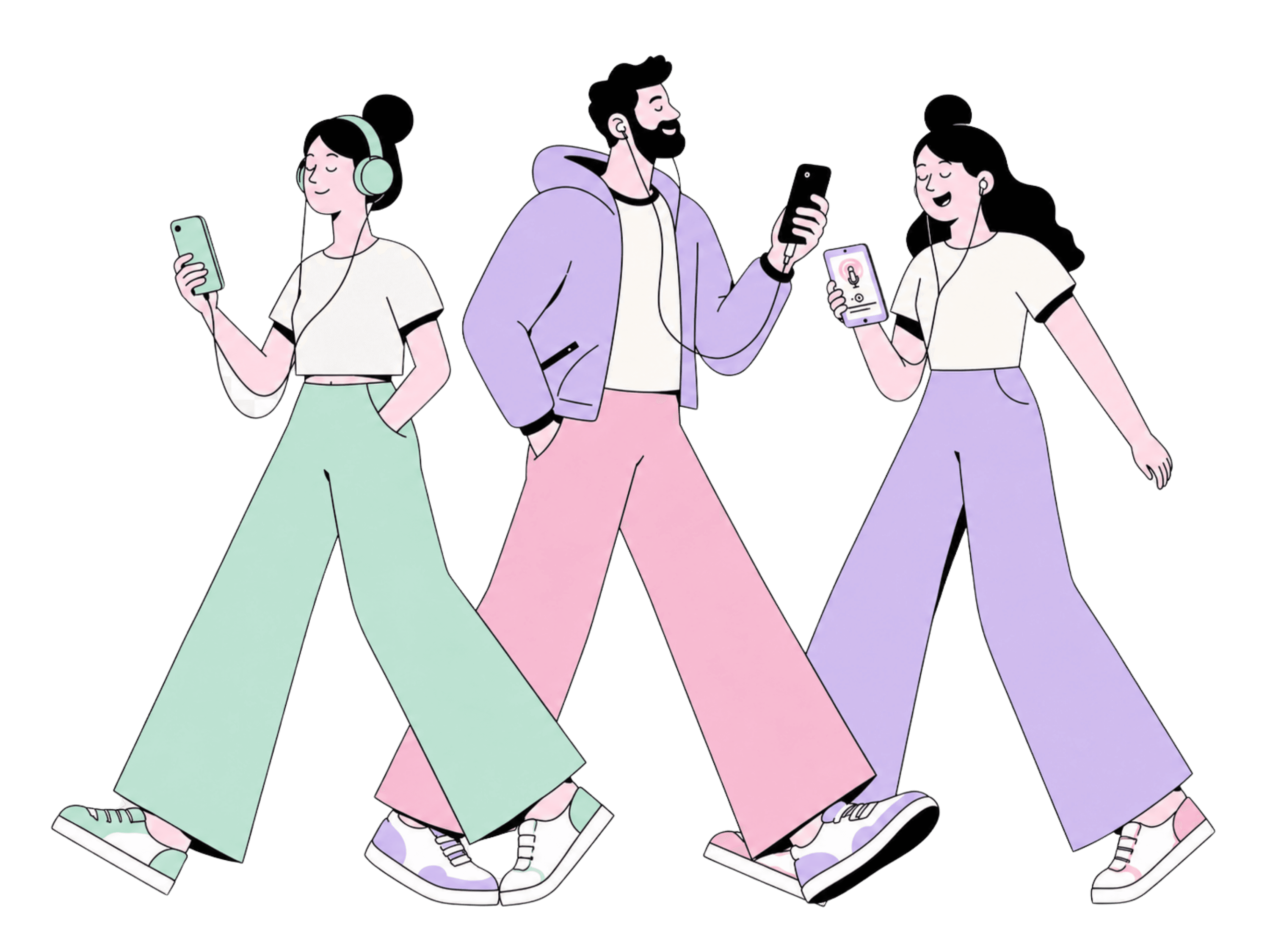 People walking with podcasts